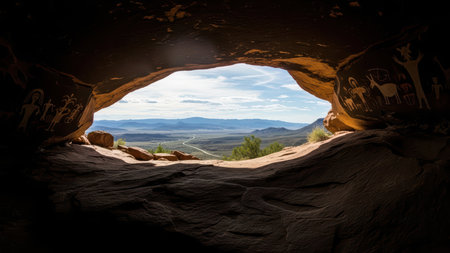 View from ancient cave with petroglyphs revealing vast valley landscape.の素材