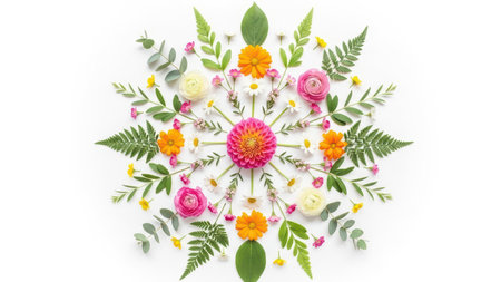 Floral mandala design with vibrant flowers and fresh greenery.の素材