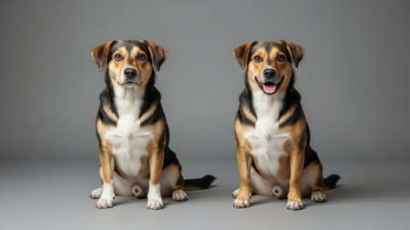 Two happy mixed-breed dogs sitting together against gray background.の素材