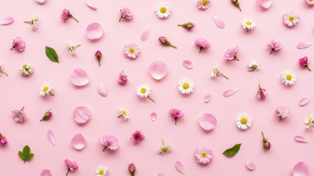 Pastel pink floral pattern with blossoms and petals on soft background.の素材