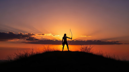 Silhouette of archer at sunset on hilltop.の素材