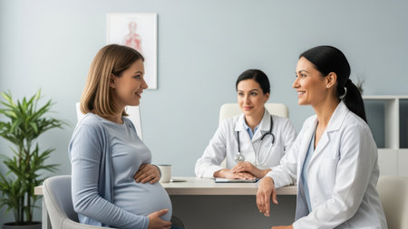 Pregnant caucasian woman consulting female doctors in medical office.の素材