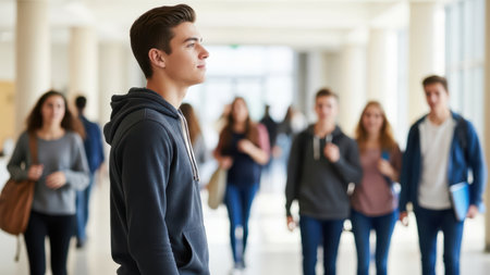 Young caucasian male student in busy school hallway.の素材