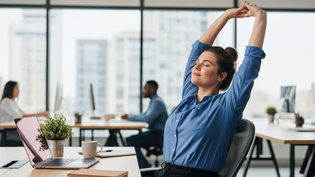 Female office worker relaxing in modern workspace with diverse colleagues in background.の素材