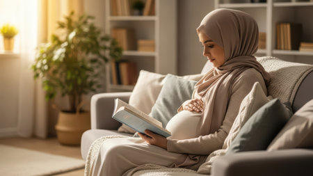 Pregnant hispanic woman reading book on cozy sofa in sunlit living room.の素材