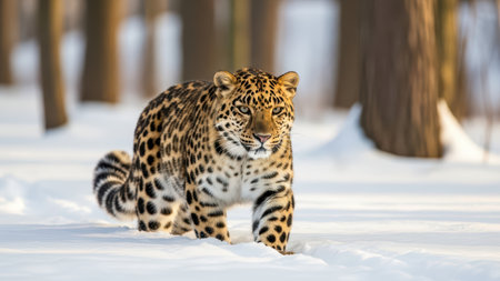 Amur leopard walking in snowy forest habitat.の素材