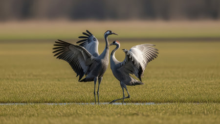 Pair of cranes performing mating dance in natural wetland environment.の素材