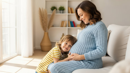 Expecting mother with child in cozy living room setting.の素材