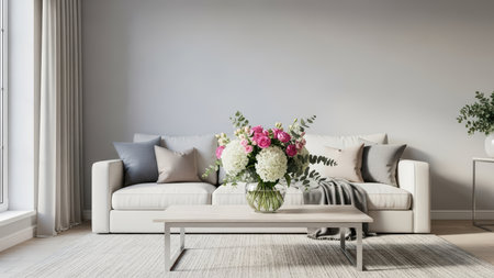 Modern living room with elegant floral arrangement on coffee table.の素材