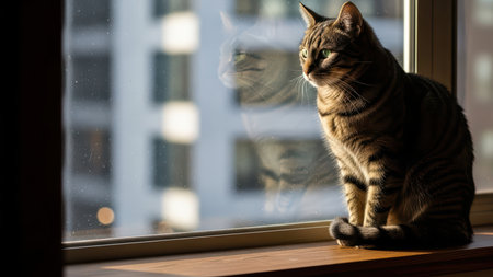 Tabby cat gazing out a city window in afternoon light.の素材