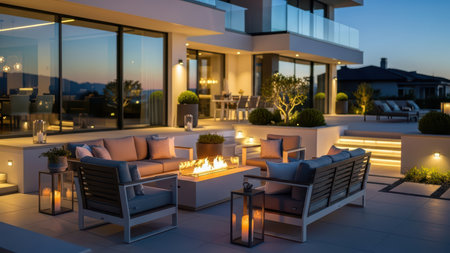 Modern luxury patio with fire pit at sunset.の素材
