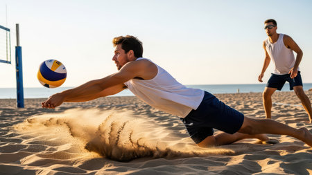 Young caucasian males playing beach volleyball at sunset with intense focus.の素材