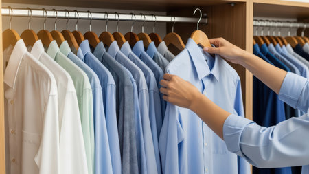 Wardrobe organization with neatly arranged shirts on wooden hangers.の素材