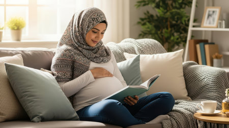 Pregnant hispanic female relaxing and reading on cozy sofa at home.の素材