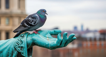 Pigeon resting on a bronze statue hand against urban backdropの素材