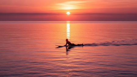Silhouette of person surfing at sunset on calm ocean waters.の素材