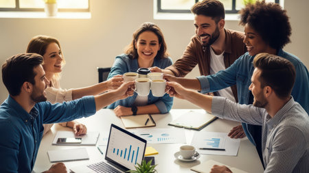 Diverse group of young adults celebrating success with coffee in collaborative office setting.の素材