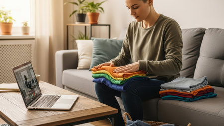 Young caucasian female folding laundry in cozy living room with laptop.の素材
