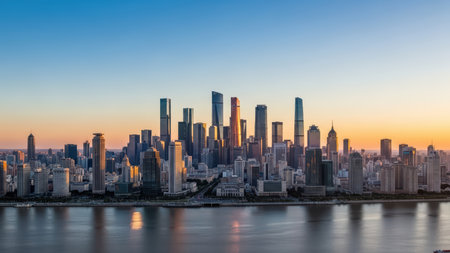 Modern skyscraper skyline at sunset over river.の素材