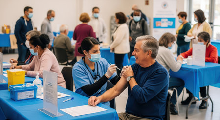 Elderly caucasian male receiving covid-19 vaccine at community health clinicの素材