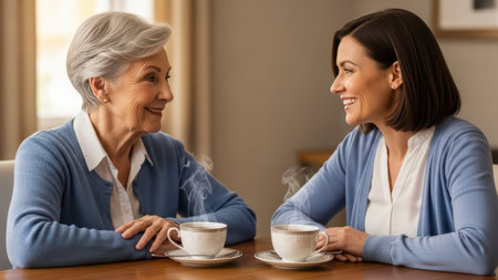 Elderly caucasian female and young caucasian female enjoying coffee and conversation.の素材