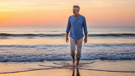 Mature caucasian male strolling along beach at sunsetの素材