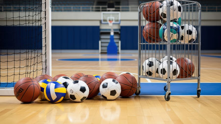 Sports balls on indoor court with basketballs, soccer balls, and volleyballs.の素材