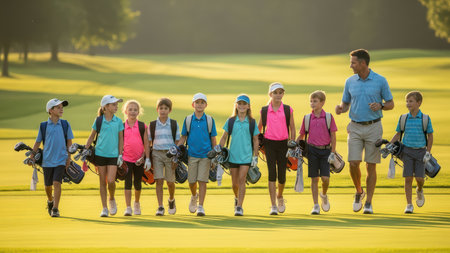 Group of young children and male coach walking on golf course with golf clubs.の素材