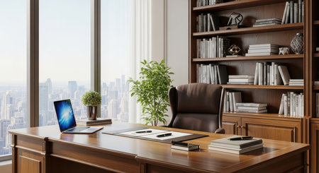 Modern office with wooden desk and shelves overlooking city skylineの素材