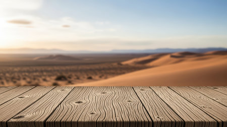 Wooden table with desert sand dunes horizon and clear blue sky.の素材