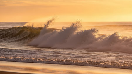 Majestic ocean waves crashing at sunset on a tranquil beach.の素材