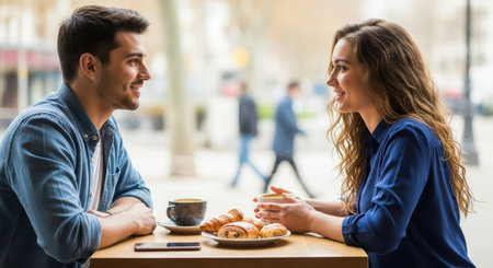 Young caucasian adults enjoying coffee and croissants in cafeの素材