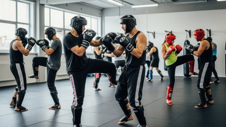 Adult mixed gender martial arts training class with sparring and protective gear.の素材