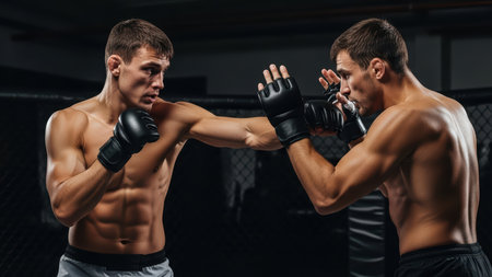 Two young caucasian males boxing in a ring showing intense focus and athleticism.の素材