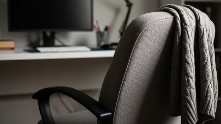 Cozy office workspace with sweater on chair in modern minimalist design.の素材
