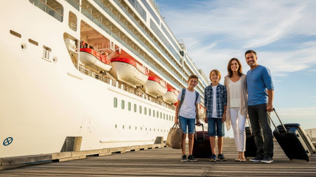 Happy family boarding cruise ship with luggage smiling at dockside.の素材