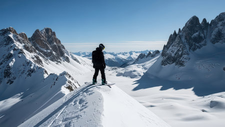 Snowboarder on snowy mountain ridge with majestic alpine peak views.の素材