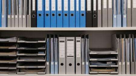 Organized office shelving with binders and document trays in neutral colors.の素材
