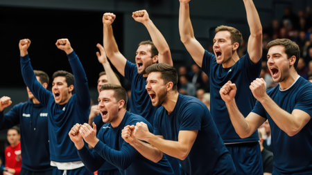 Excited young caucasian male team cheering in indoor arena.の素材