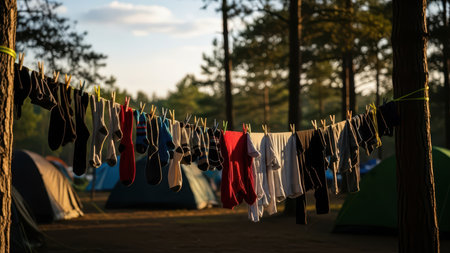 Colorful laundry hanging in forest camp at sunset.の素材
