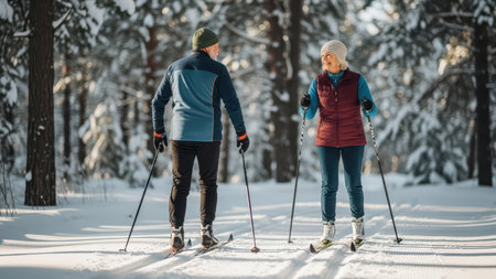 Winter adventure: caucasian adults enjoying cross-country skiing in snowy forest.の素材