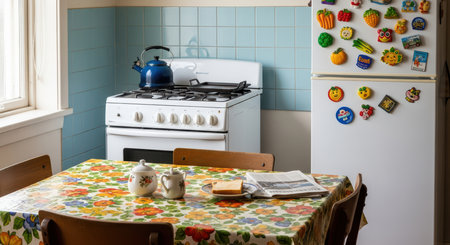 Cozy vintage kitchen with colorful decor and floral tableclothの素材