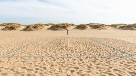Empty beach volleyball court on sandy dunes under clear sky.の素材