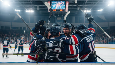 Joyful celebration: male ice hockey team victory embrace.の素材