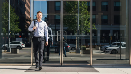 Young caucasian male exiting office building in urban setting with glass doors.の素材