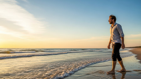 Caucasian male adult walking along tranquil beach at sunset.の素材