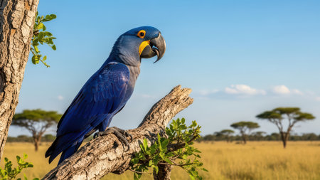 Blue macaw perched on branch in african savanna landscape.の素材