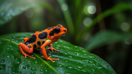Colorful poison dart frog in lush rainforest environment.の素材