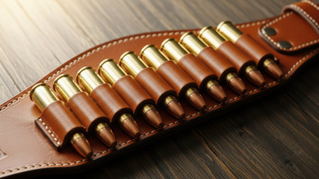 Leather ammunition belt with bullets on wooden surface for western enthusiasts.の素材