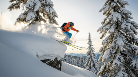 Young caucasian male skier jumping from snowy cliff in winter landscape.の素材